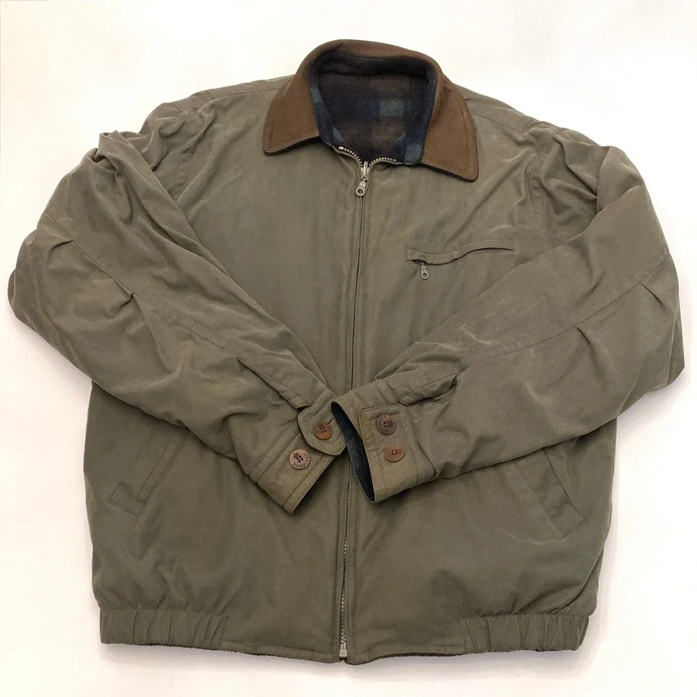 Rainforest Jacket Reversible Twill Fleece Plaid Men's Medium Tan Leather Collar